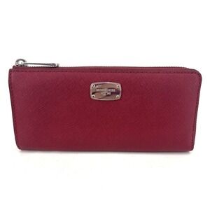 Michael Kors Large Zip Around Wallet Red Burgundy Silver Hardware
